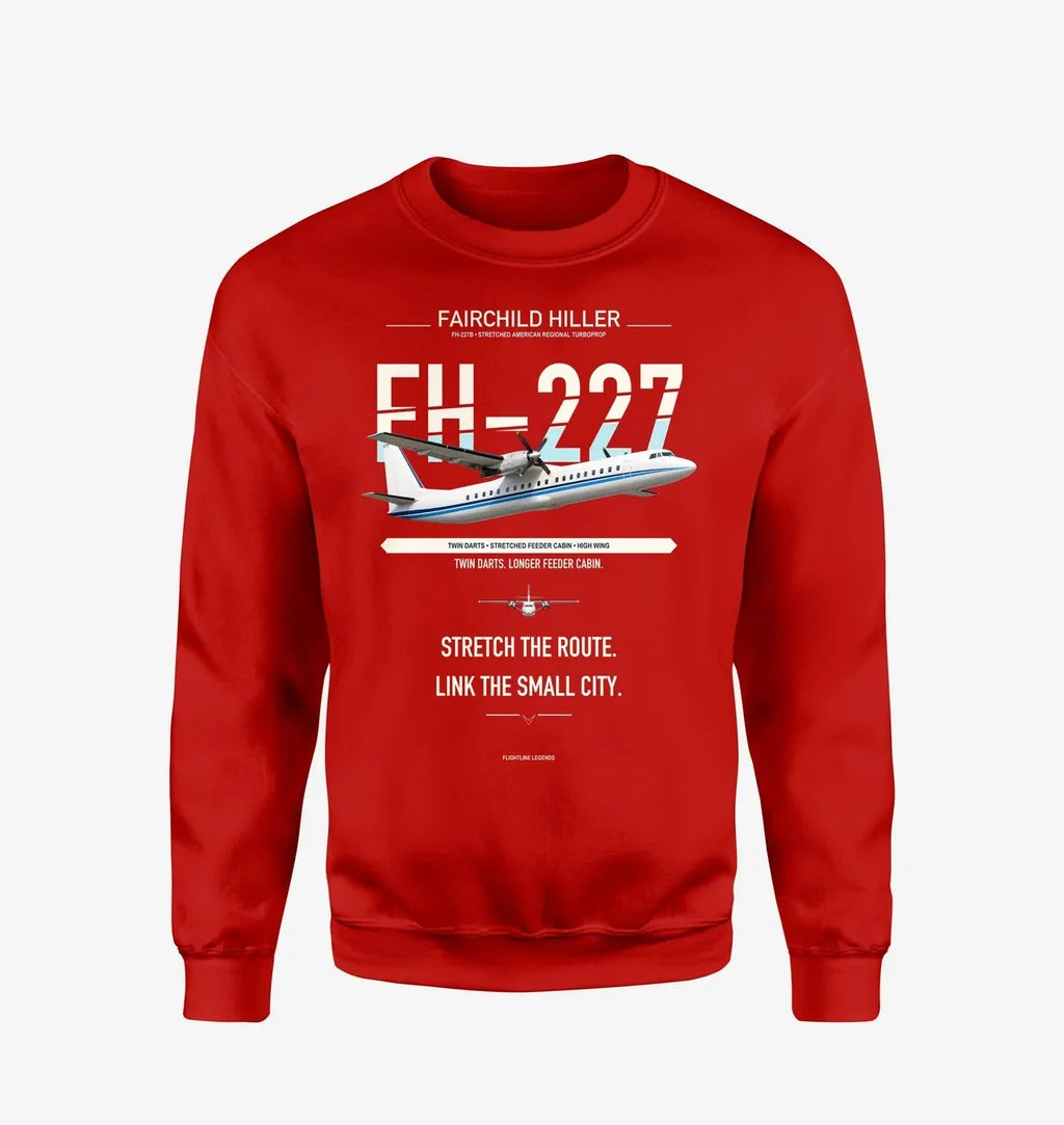 Fairchild Hiller FH-227B design on red sweatshirt