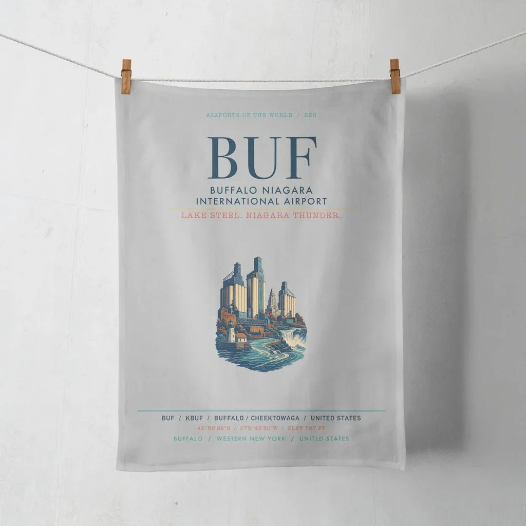 Buffalo Niagara International Airport (BUF) design on light gray towel