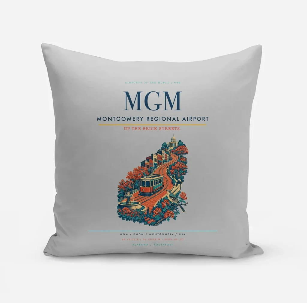 Montgomery Regional Airport (MGM) design on light gray pillow