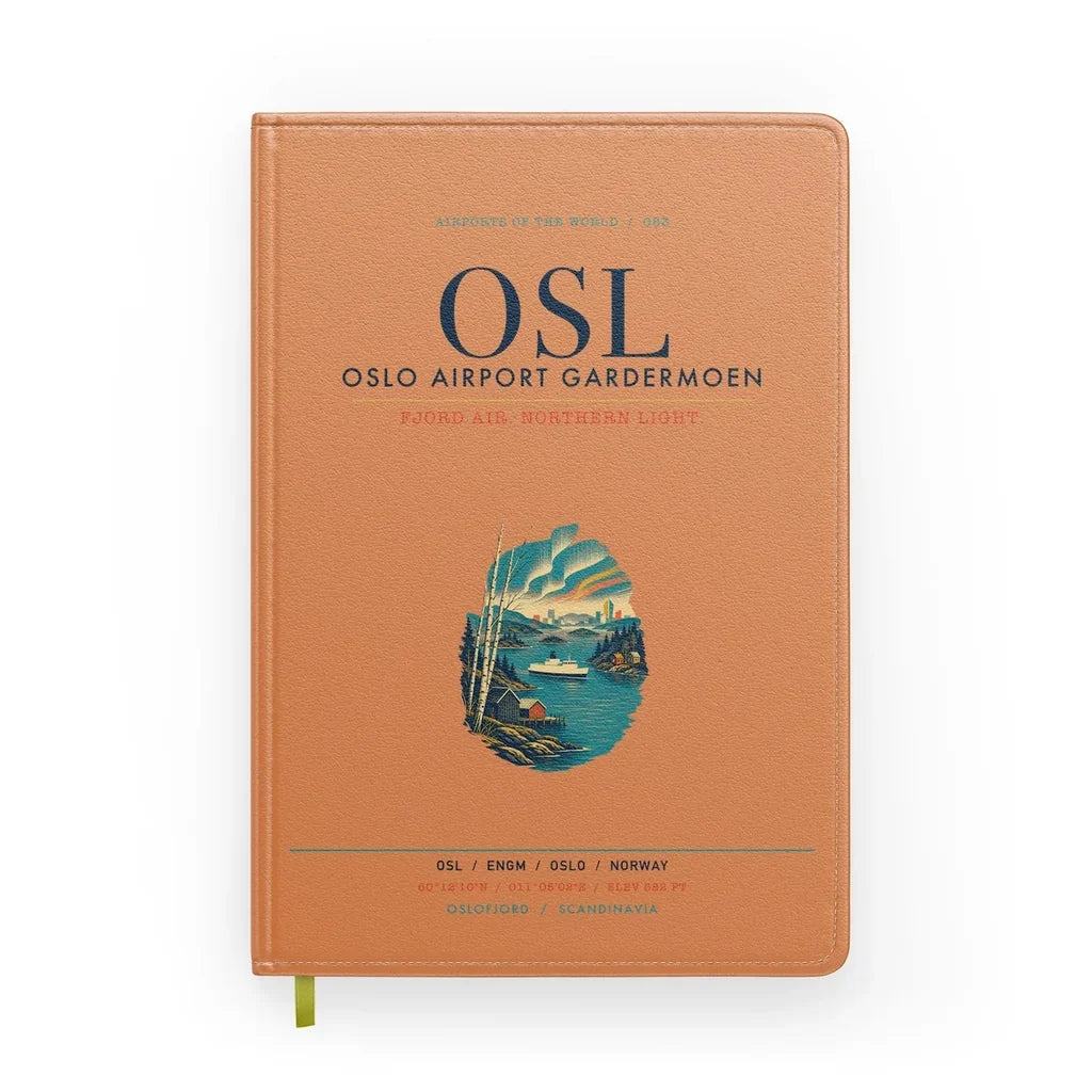 Oslo Airport Gardermoen (OSL) design on orange notebook