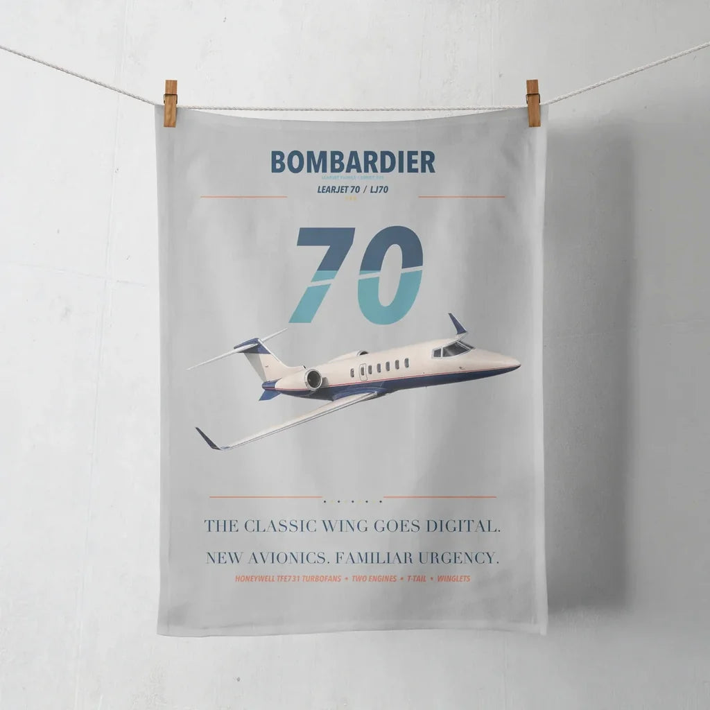 Bombardier Learjet 70 design on light gray towel