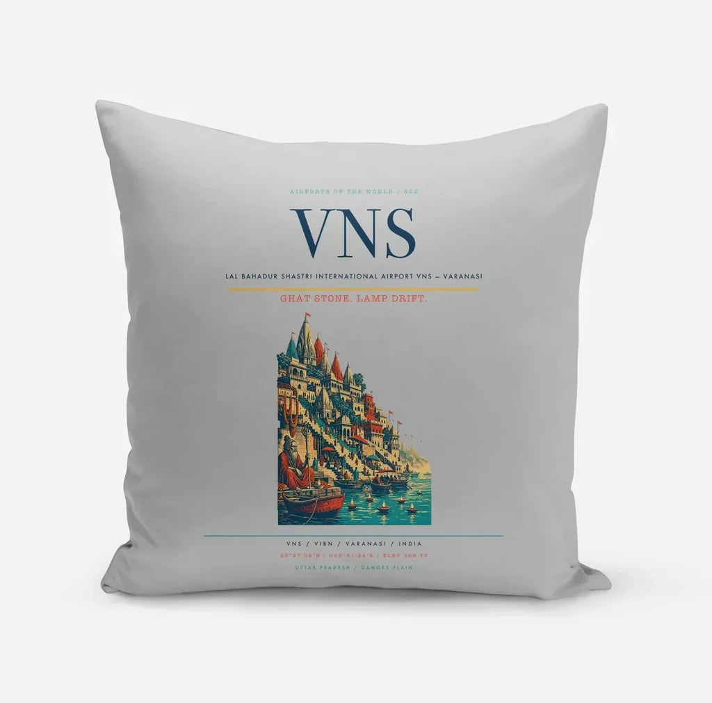 Lal Bahadur Shastri International Airport (VNS) design on light gray pillow