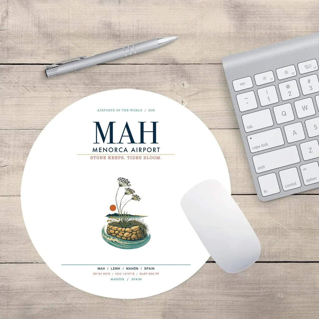 Menorca Airport (MAH) design on white round mouse pad