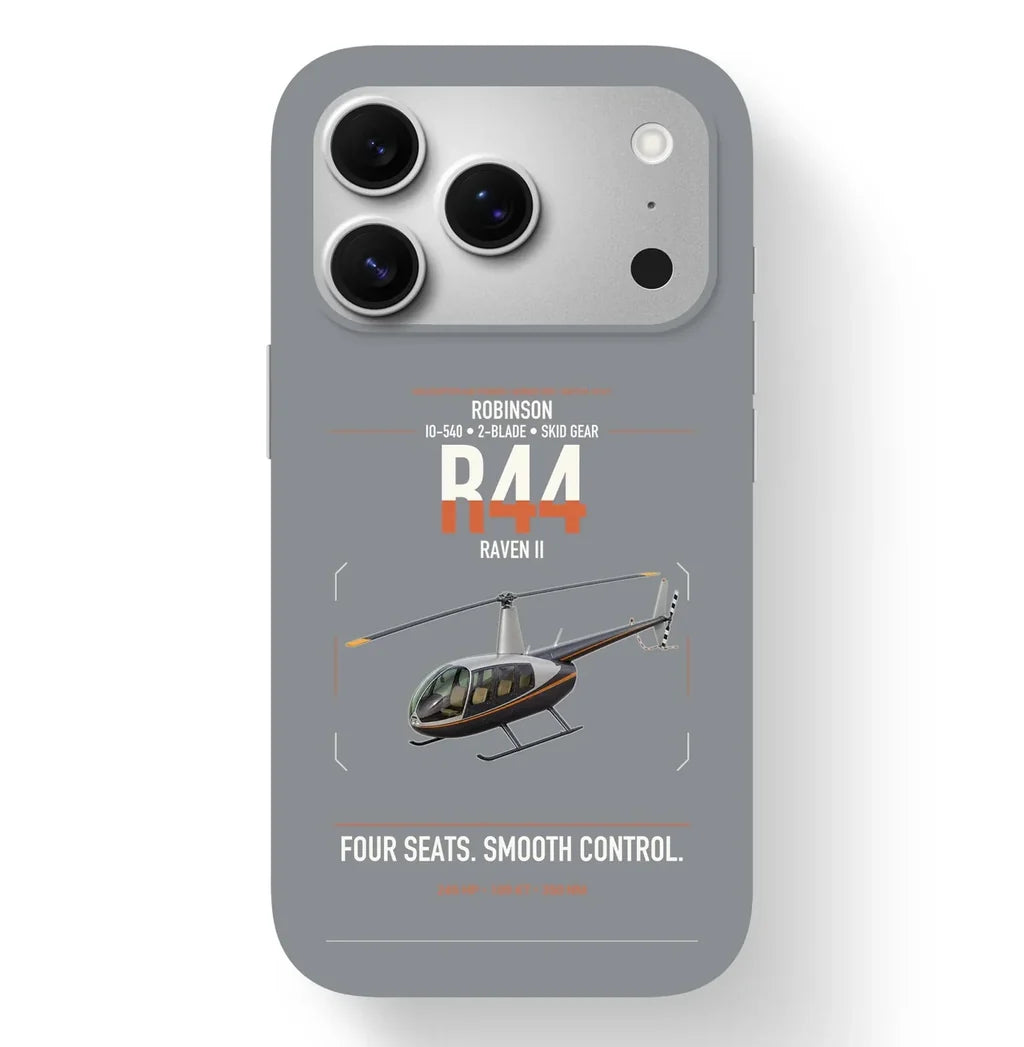 Robinson R44 Raven II design on gray magsafe iphone case, for iPhone 17 Pro
