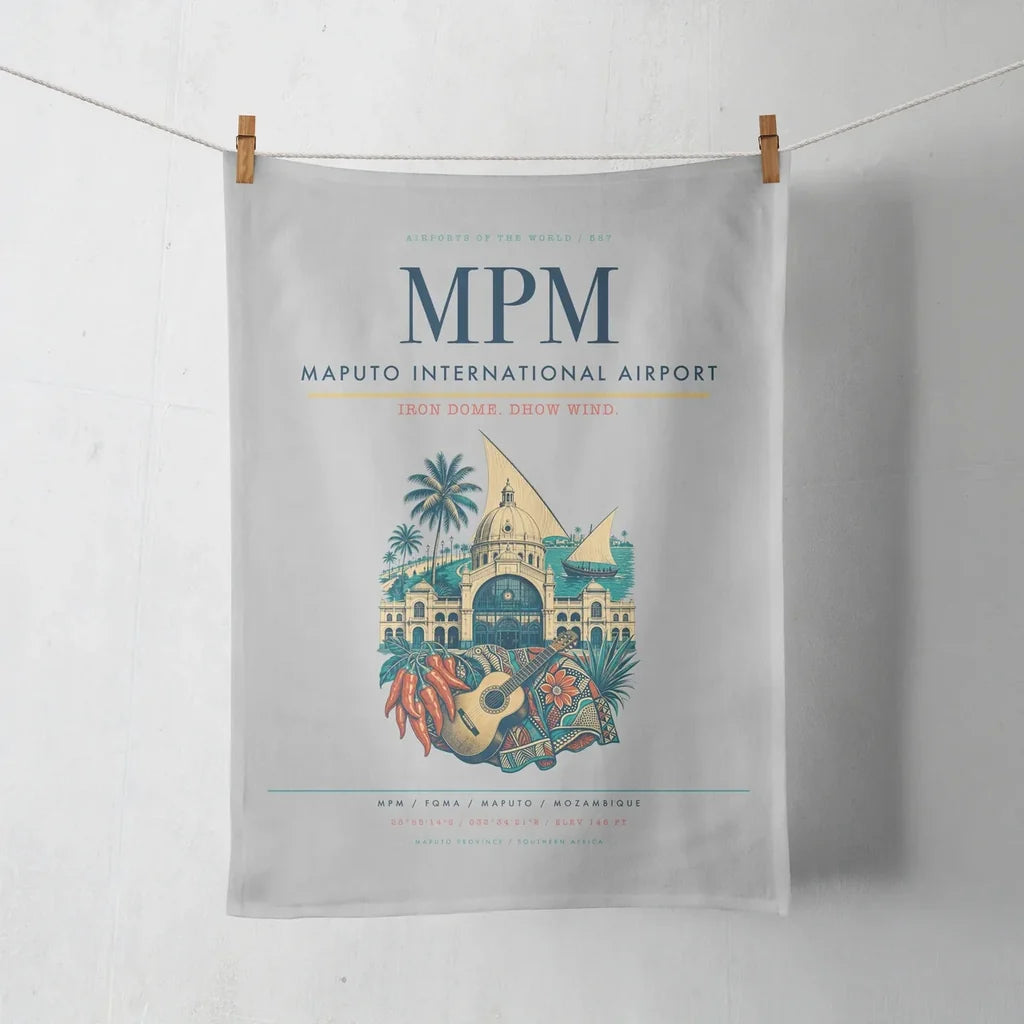 Maputo International Airport (MPM) design on light gray towel