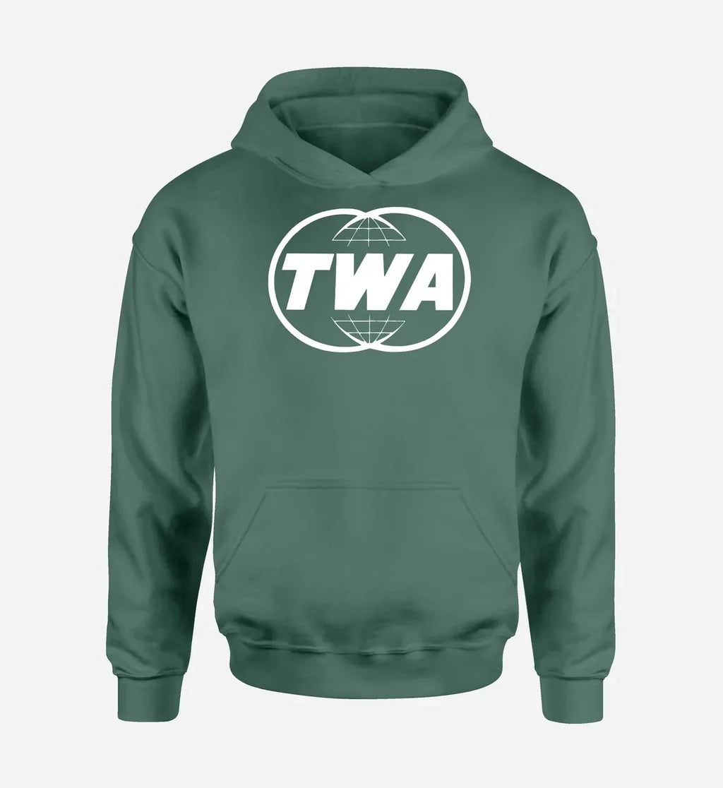 Trans World Airlines (TWA) logo printed on green hoodie