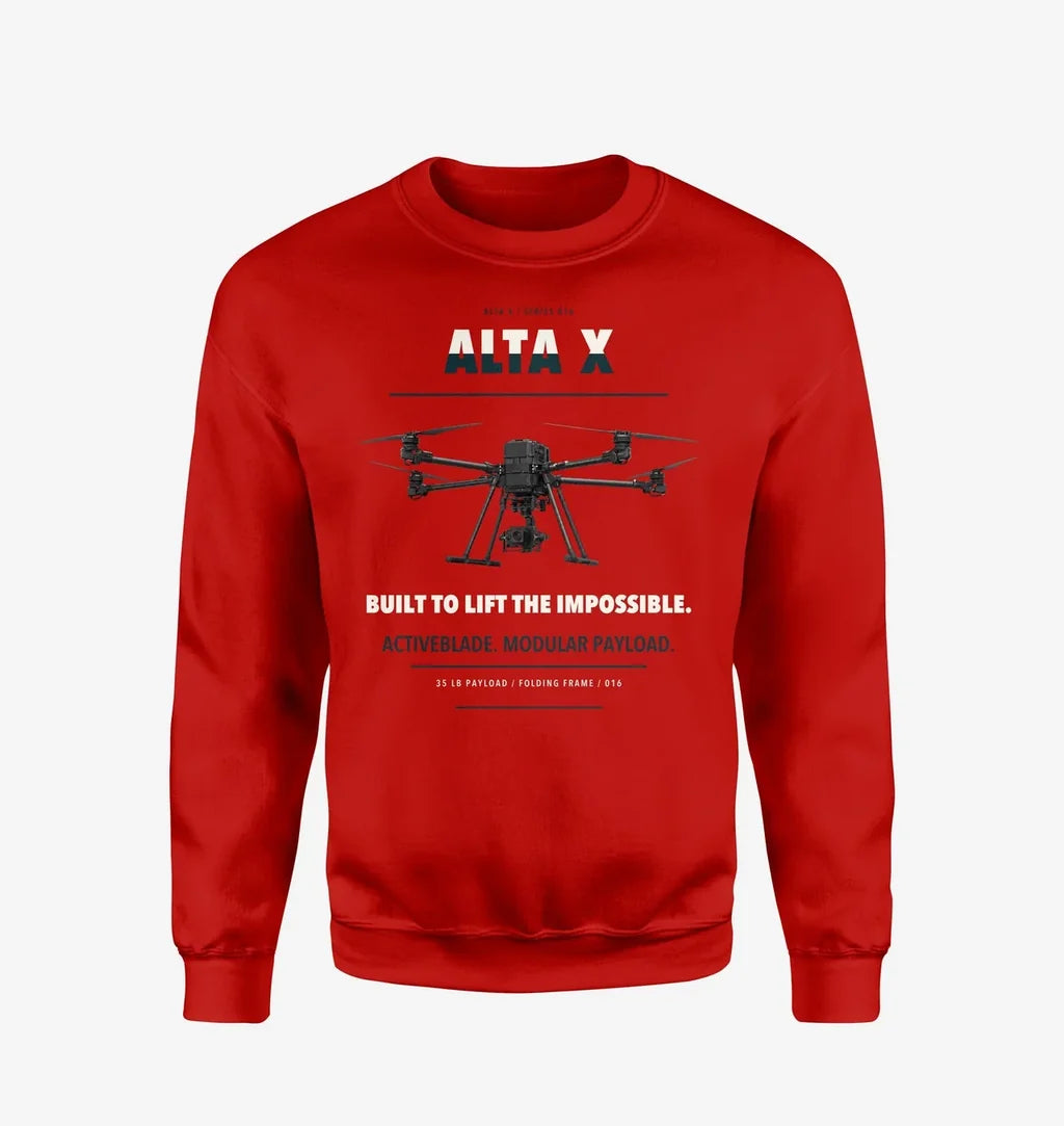 Freefly Alta X design on red sweatshirt