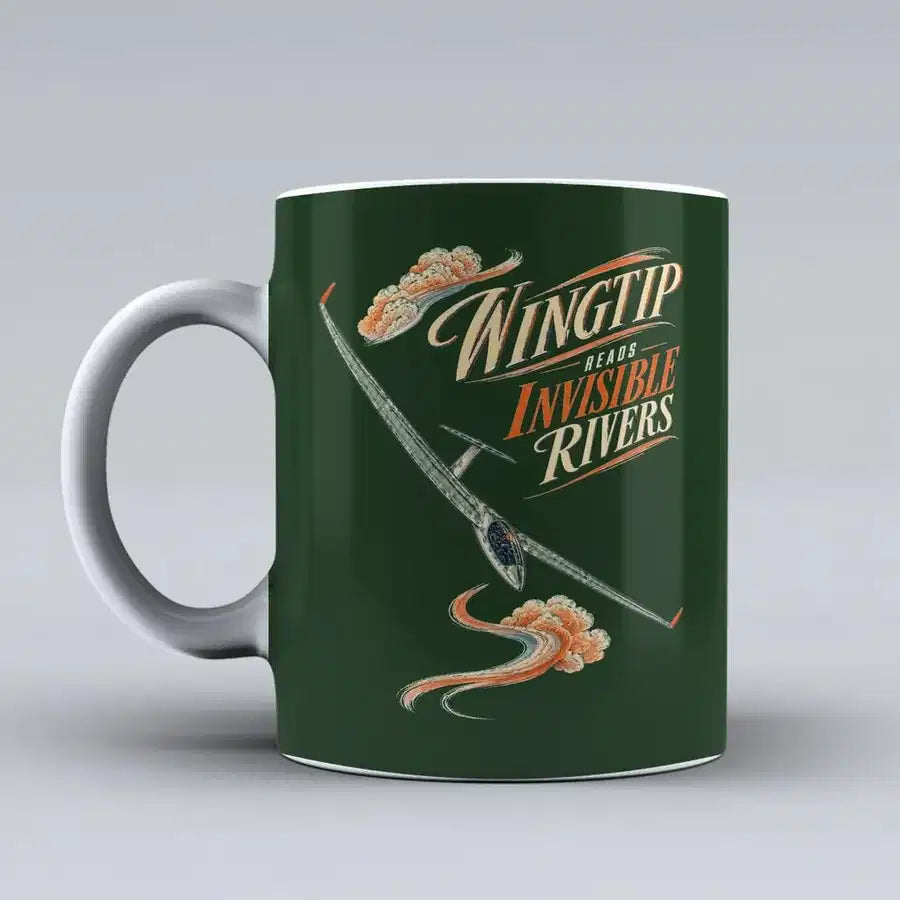 588 - Wingtip Reads Invisible Rivers - Mug design on dark green signal