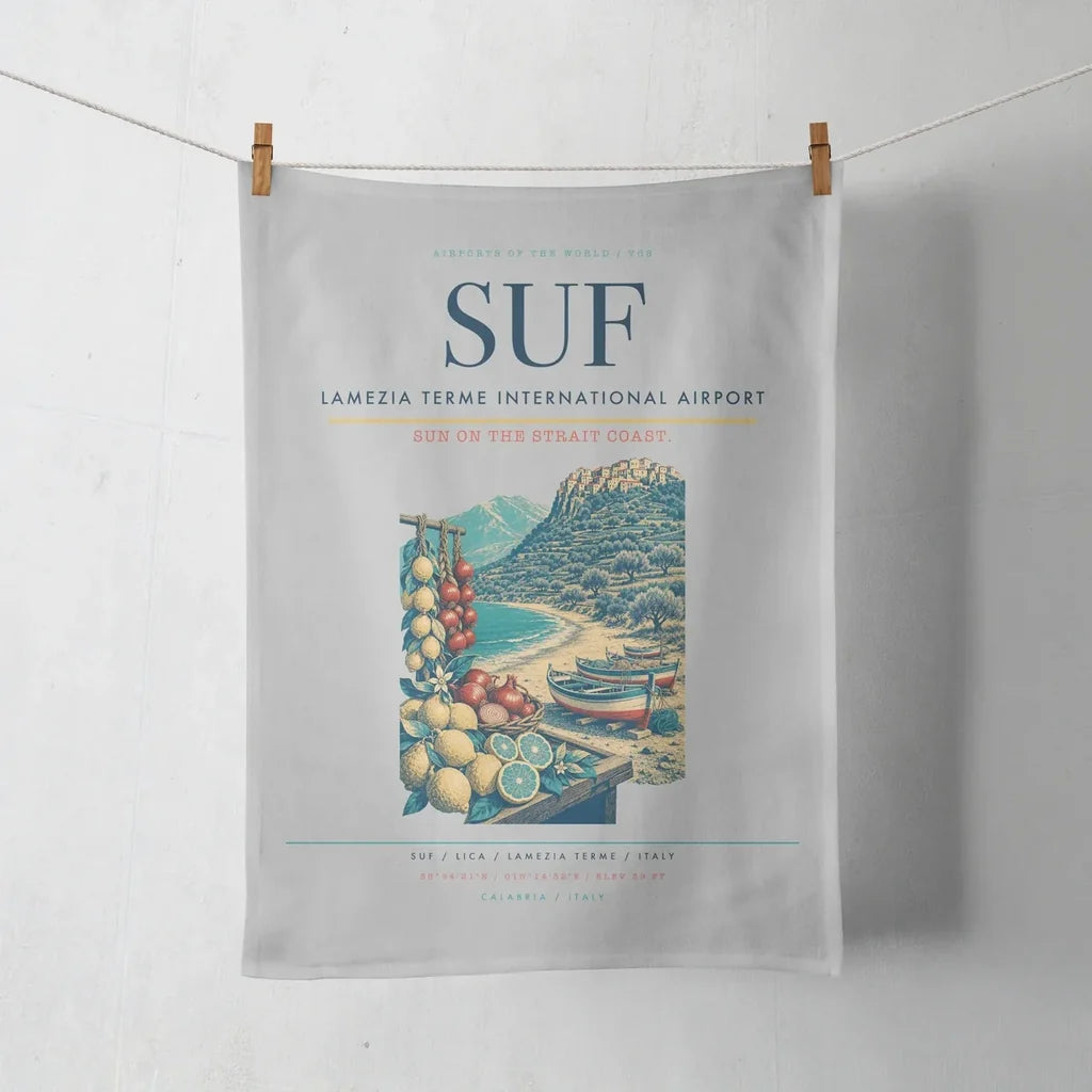 Lamezia Terme International Airport (SUF) design on light gray towel