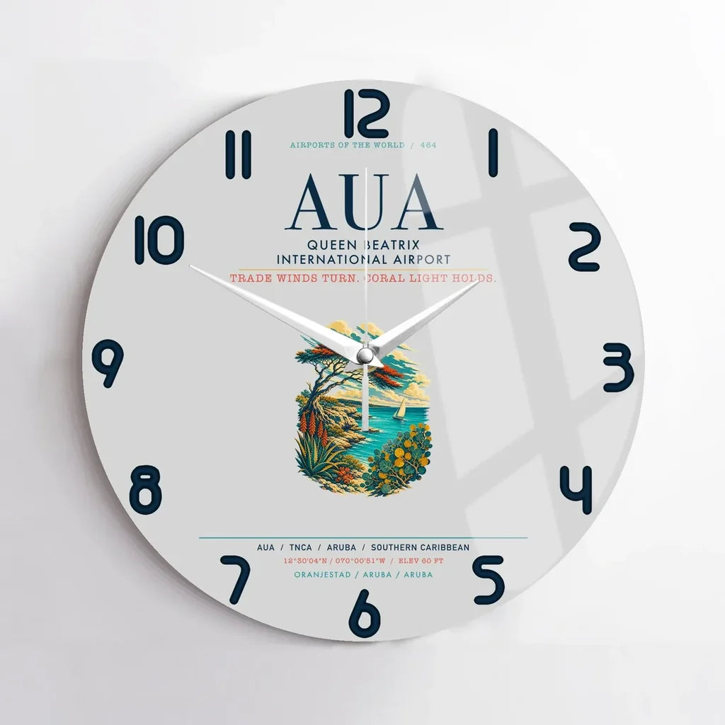 Queen Beatrix International Airport (AUA) design on light gray no frame wall clock