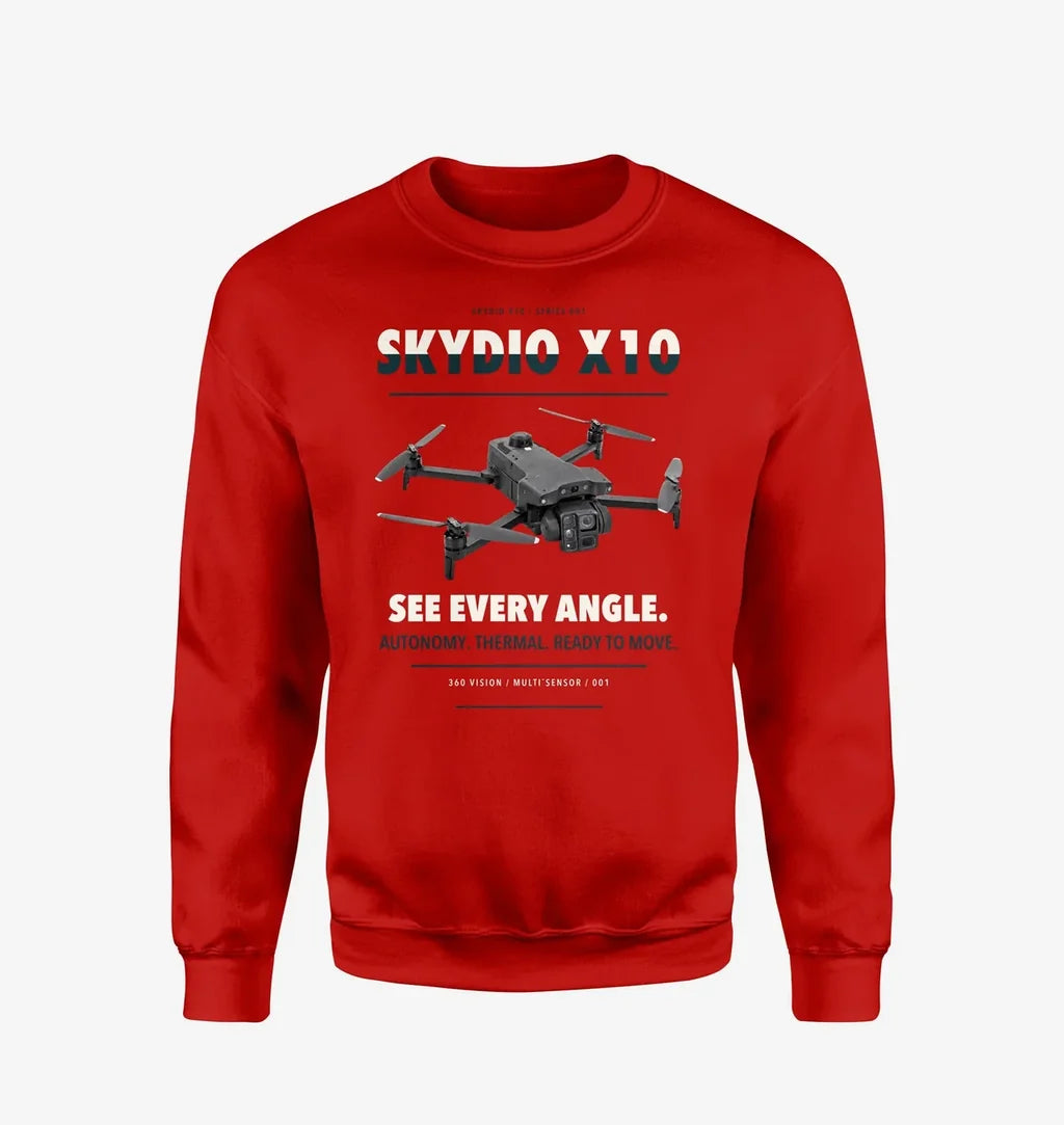 Skydio X10 design on red sweatshirt