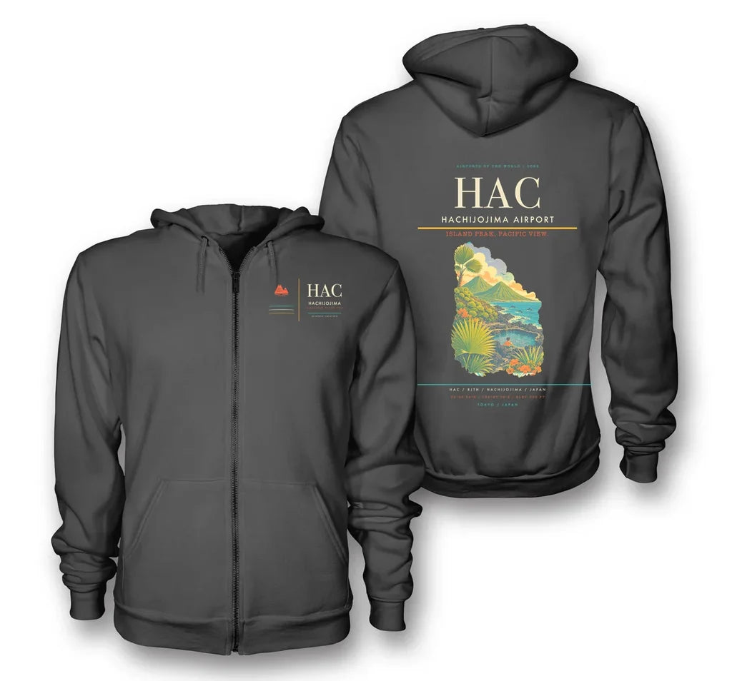 Hachijojima Airport (HAC) design on dark gray premium zipped hoodie