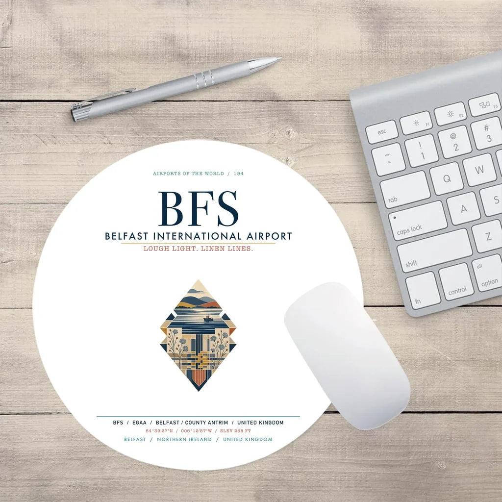 Belfast International Airport (BFS) design on white round mouse pad