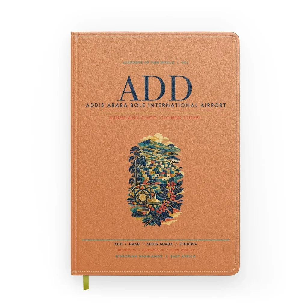 Addis Ababa Bole International Airport (ADD) design on orange notebook