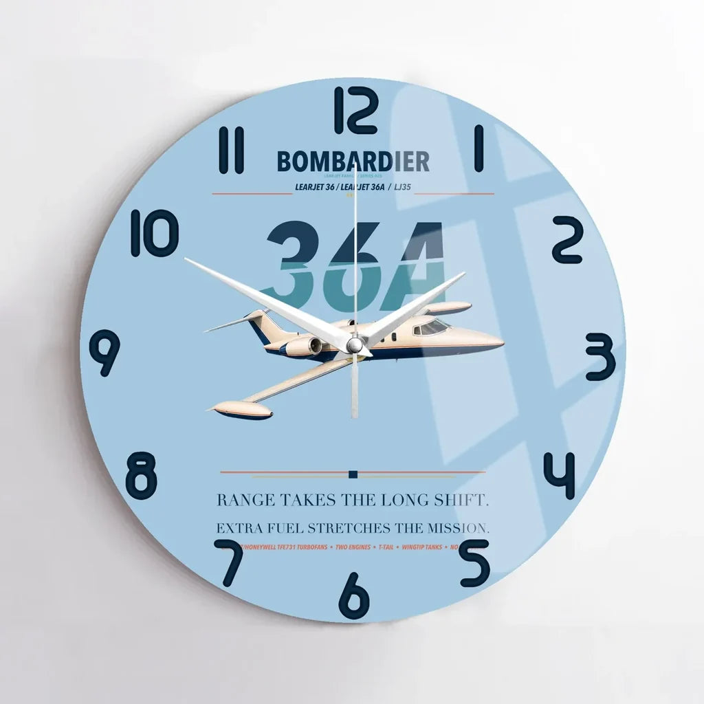 Bombardier Learjet 36A design on light blue no frame wall clock