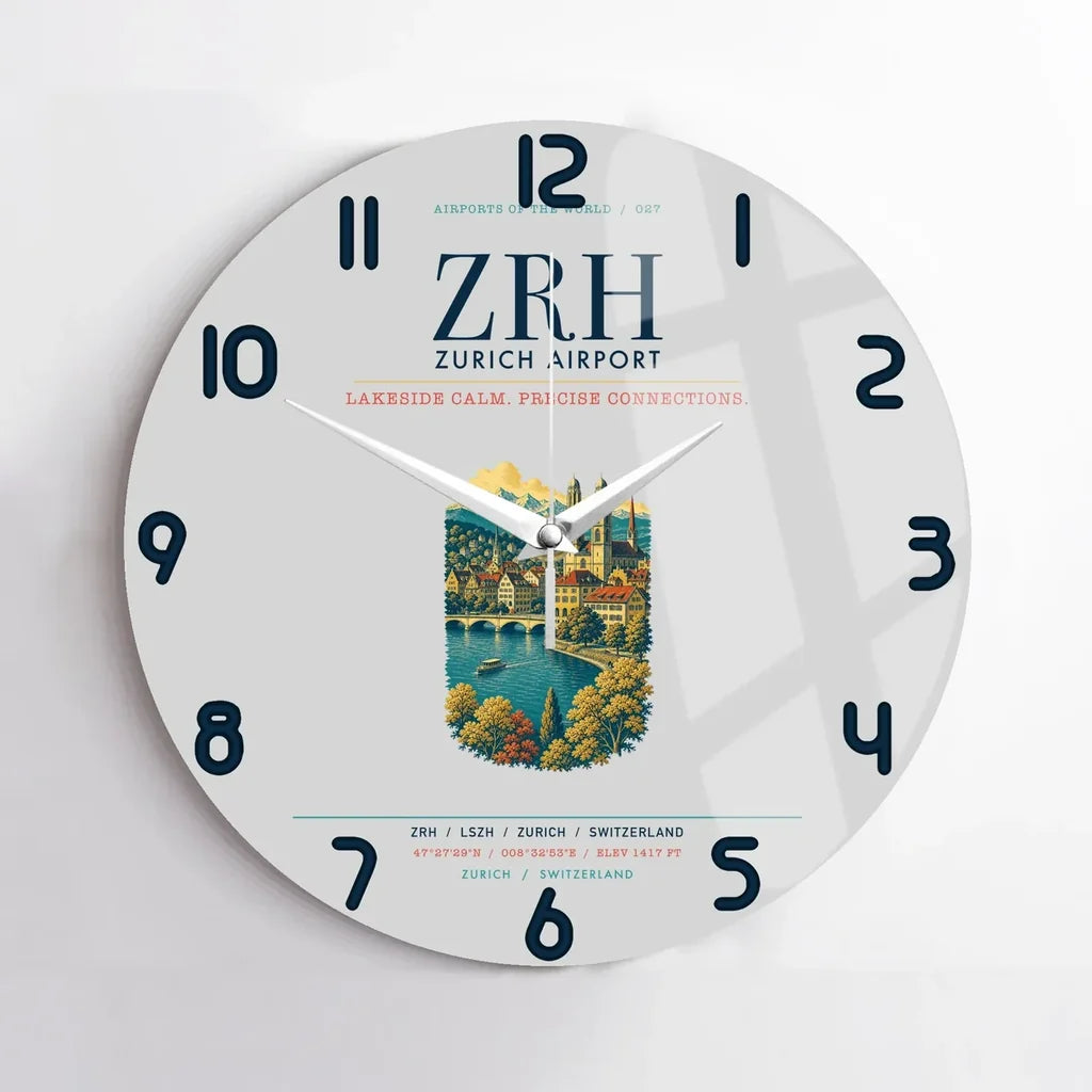 Zurich Airport (ZRH) design on light gray no frame wall clock