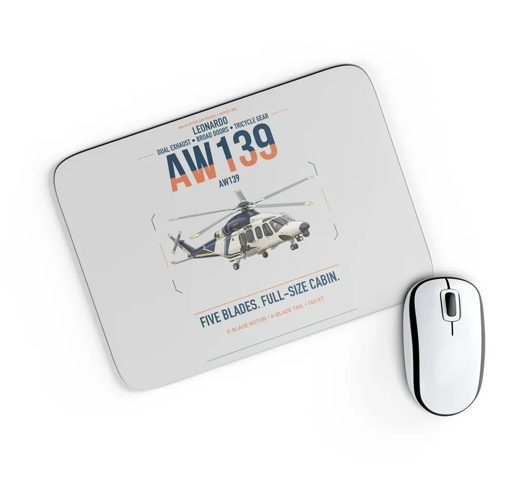 Leonardo AW139 design on light gray rectangle mouse pad