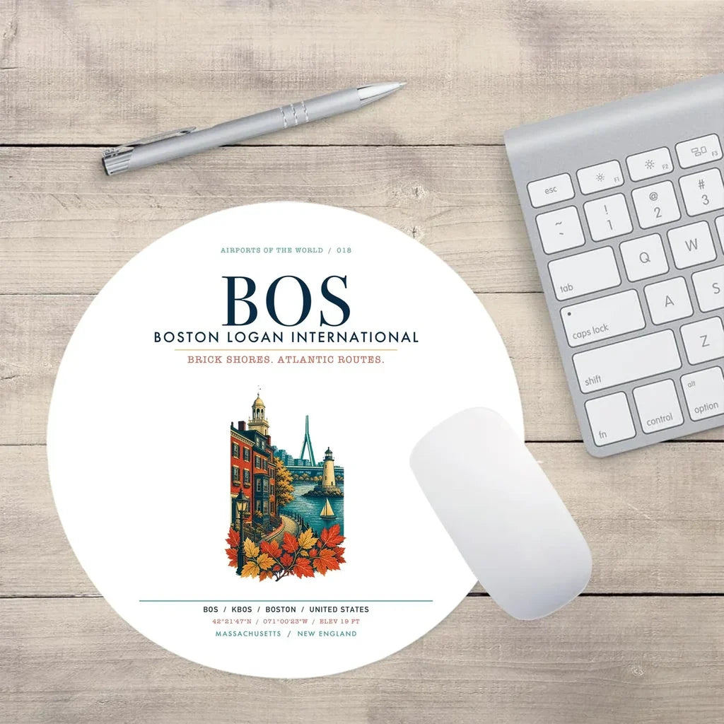 Boston Logan International Airport (BOS) design on white round mouse pad