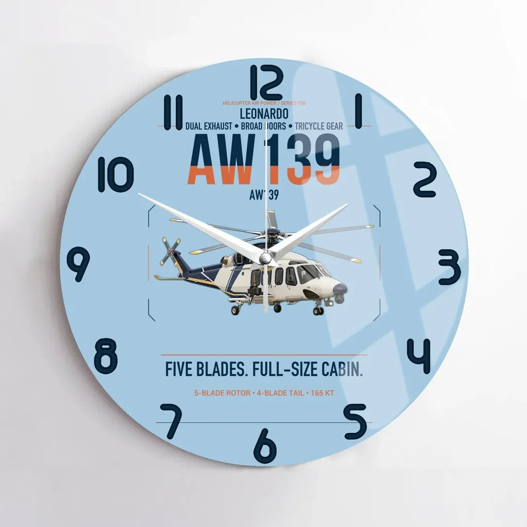 Leonardo AW139 design on light blue no frame wall clock