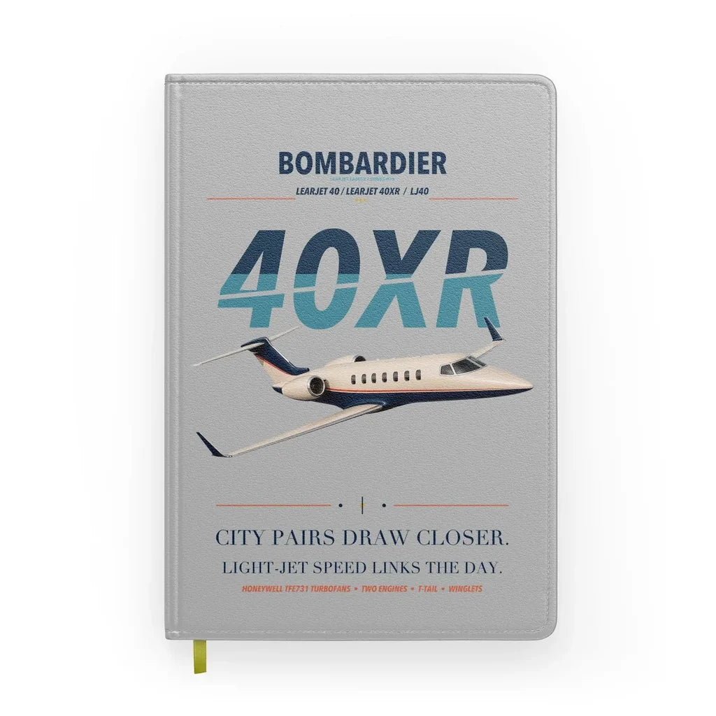 Bombardier Learjet 40XR design on light gray notebook