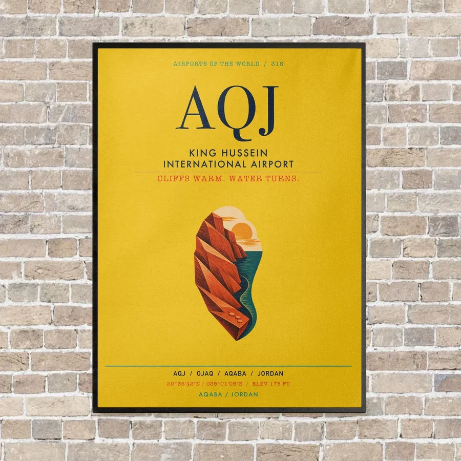 King Hussein International Airport AQJ vertical canvas print - framed - yellow background