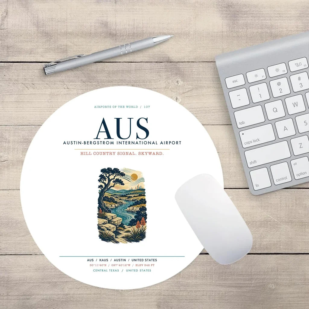 Austin-Bergstrom International Airport (AUS) design on white round mouse pad