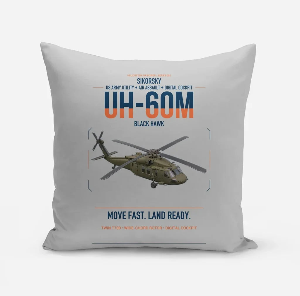 Sikorsky UH-60M Black Hawk design on light gray pillow