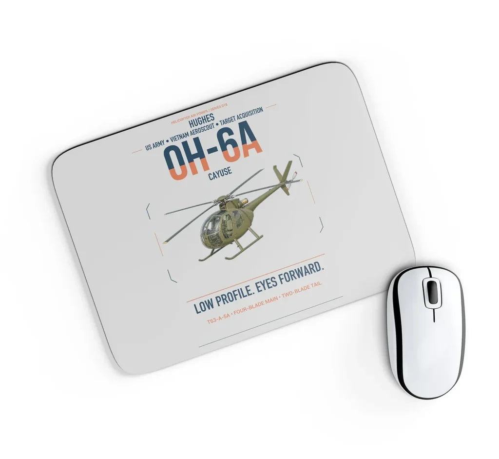 Hughes OH-6A Cayuse design on light gray rectangle mouse pad