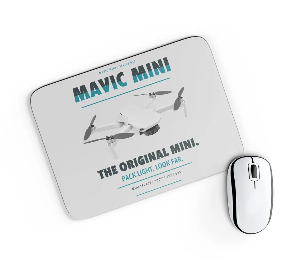 DJI Mavic Mini design on light gray rectangle mouse pad