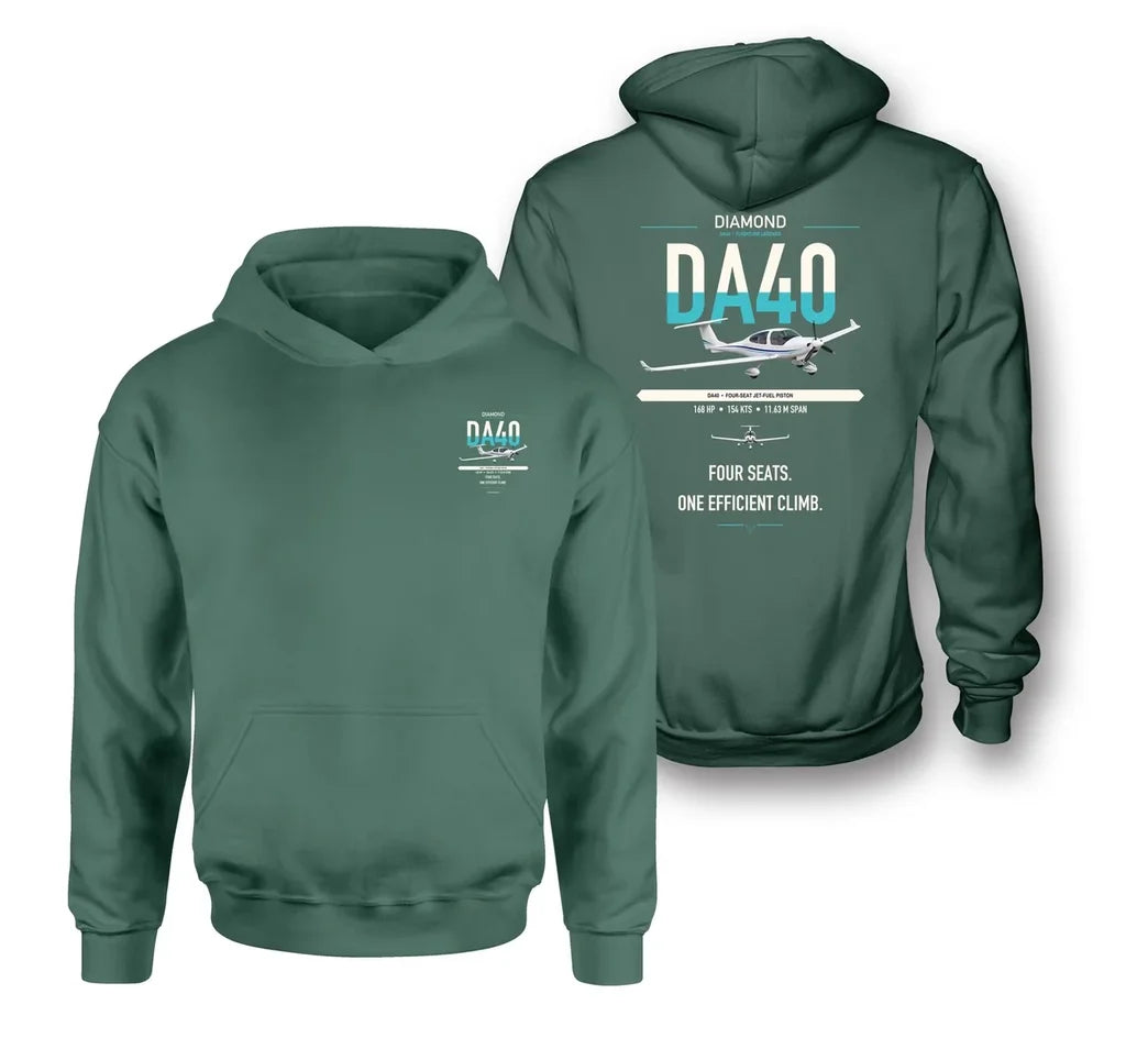 Diamond DA40 design on green double-side hoodie, double-side print