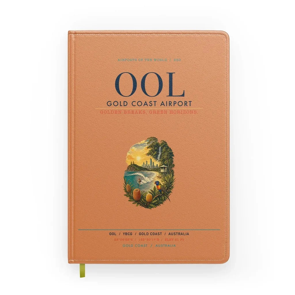 Gold Coast Airport (OOL) design on orange notebook