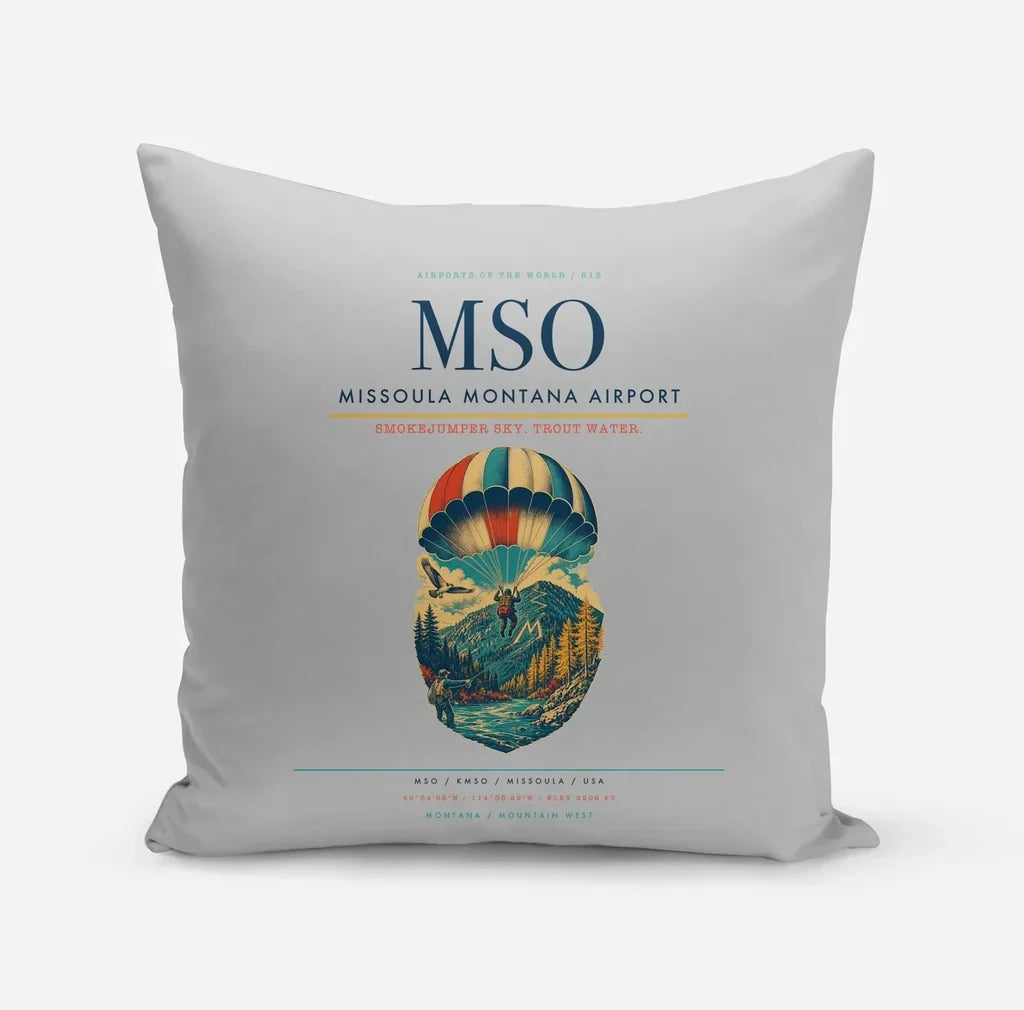 Missoula Montana Airport (MSO) design on light gray pillow