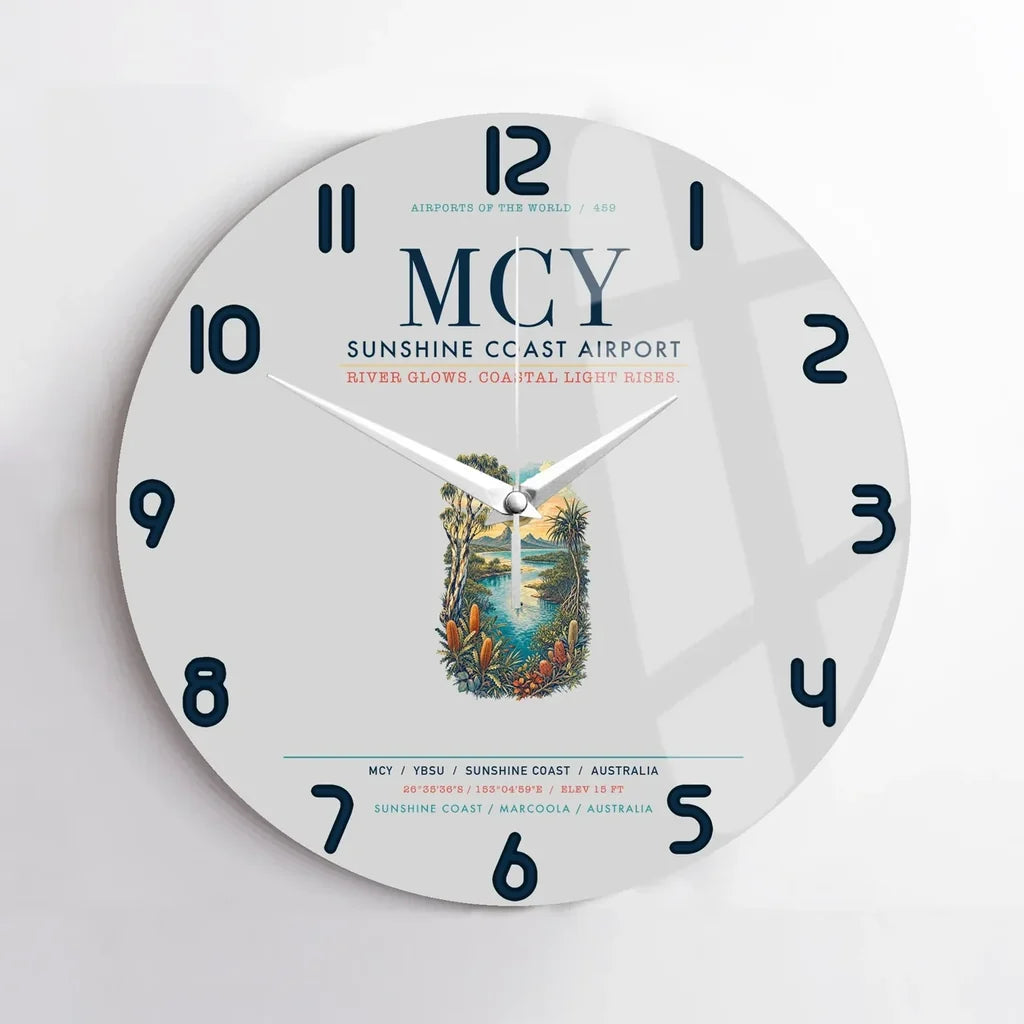 Sunshine Coast Airport (MCY) design on light gray no frame wall clock