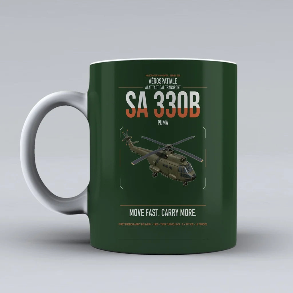 Aérospatiale SA 330B Puma design on dark green ceramic mug, double-side print