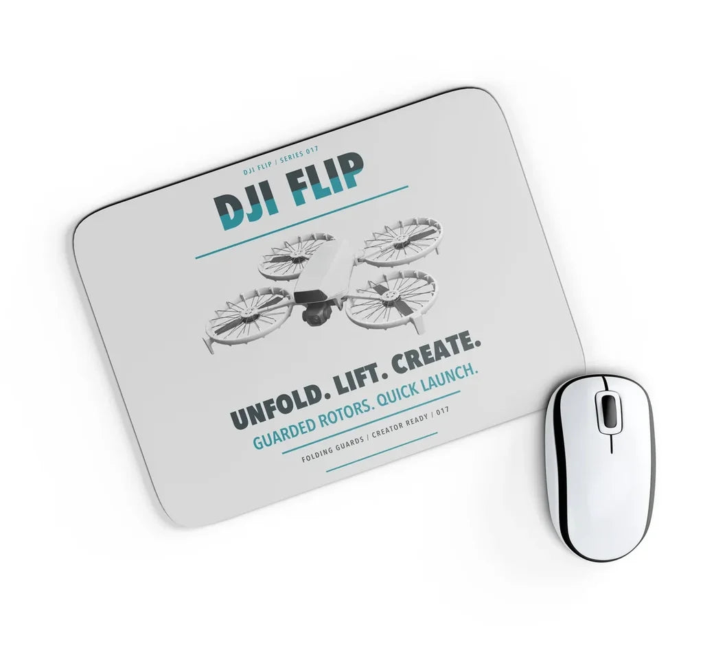 DJI Flip design on light gray rectangle mouse pad