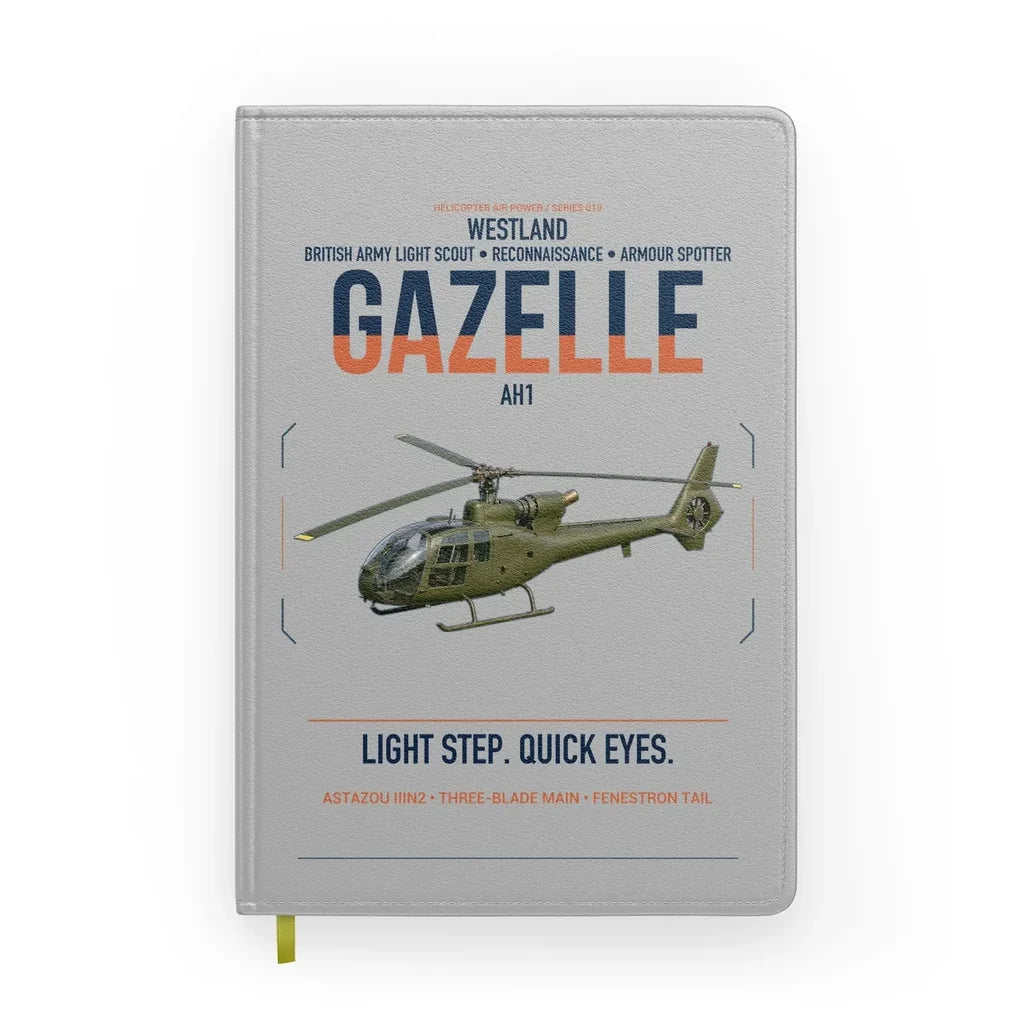 Westland Gazelle AH1 design on light gray notebook