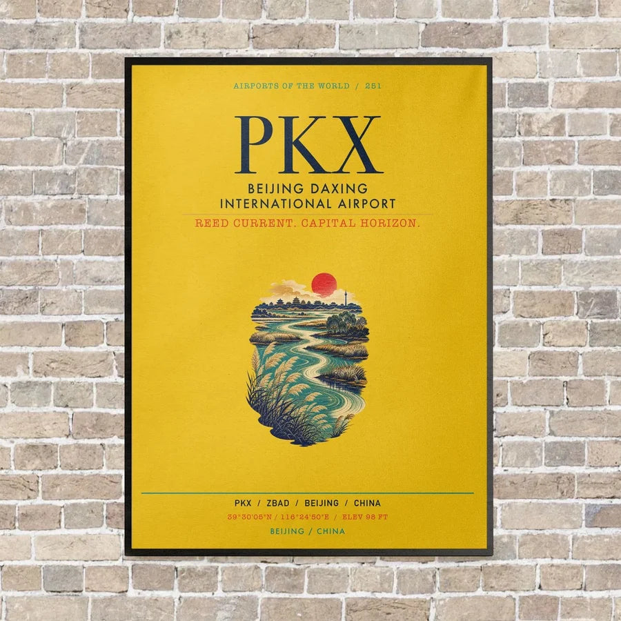 Beijing Daxing International Airport PKX vertical canvas print - framed - yellow background