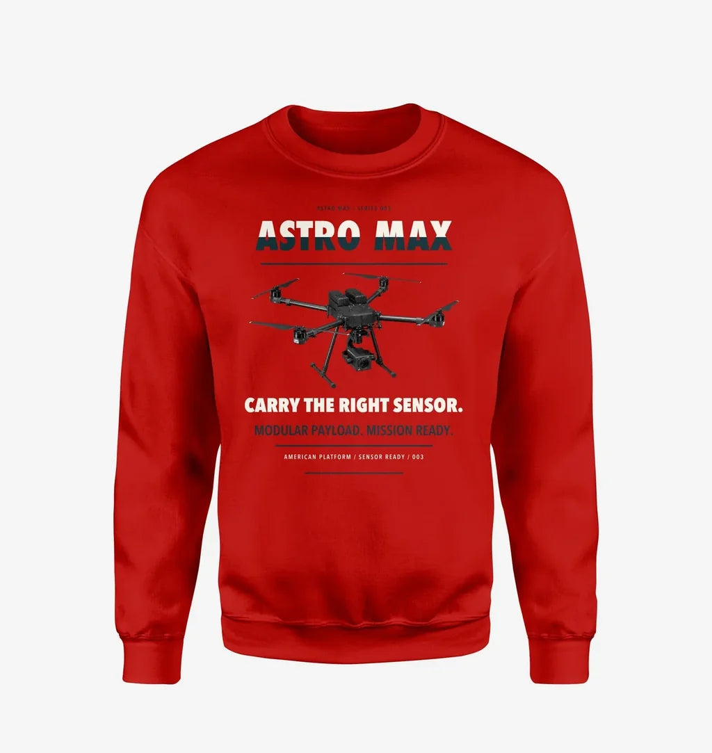 Freefly Astro Max design on red sweatshirt