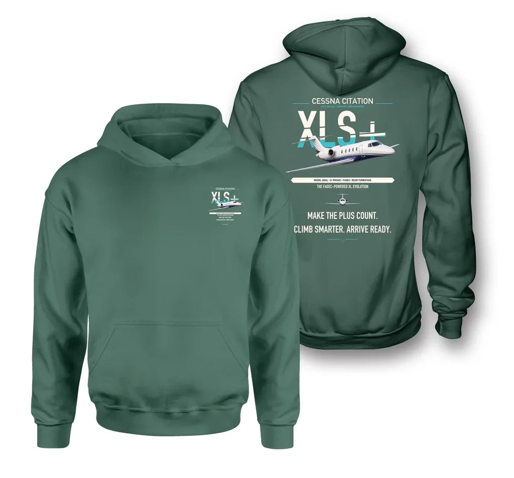 Cessna Citation XLSPlus design on green double-side hoodie, double-side print