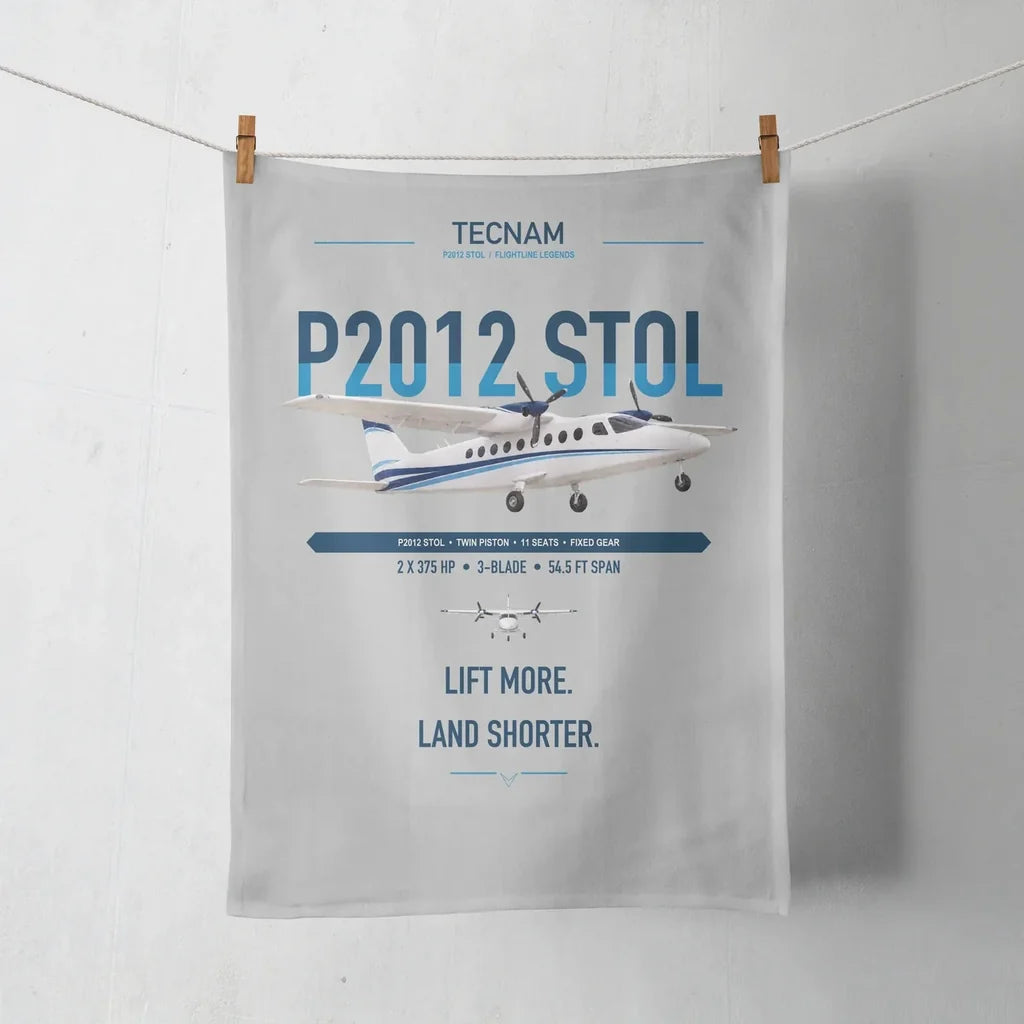 Tecnam P2012 STOL design on light gray towel