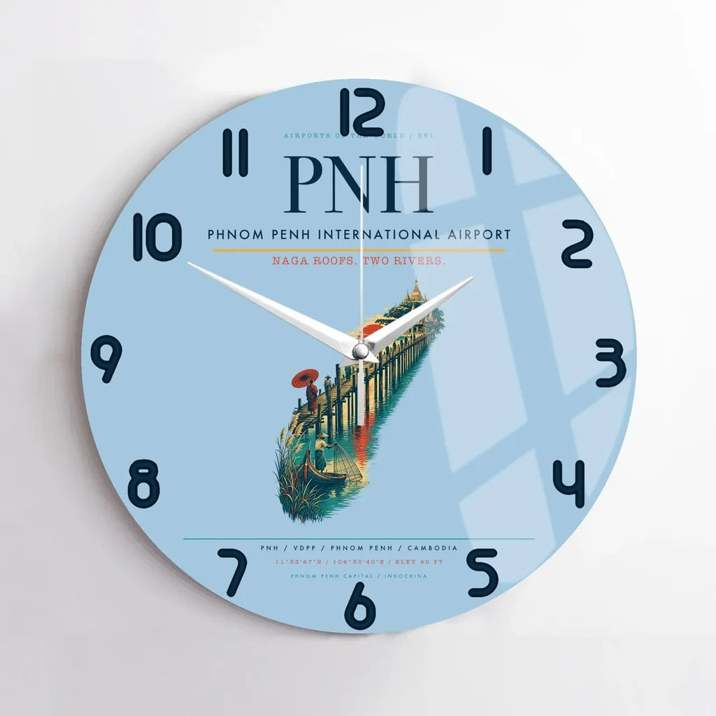 Phnom Penh International Airport (PNH) design on light blue no frame wall clock
