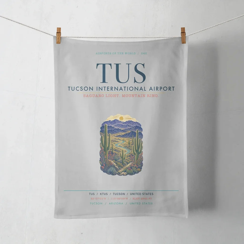 Tucson International Airport (TUS) design on light gray towel