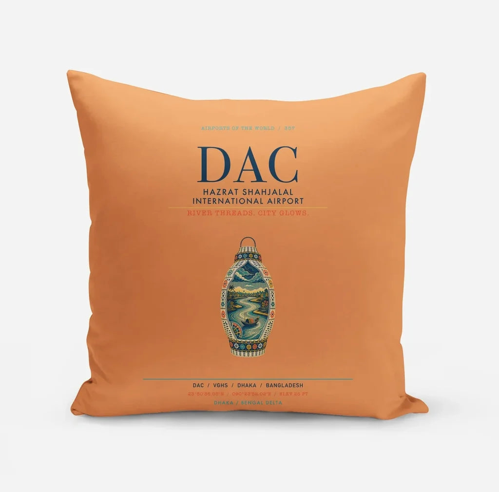 Hazrat Shahjalal International Airport Dhaka (DAC) design on orange pillow