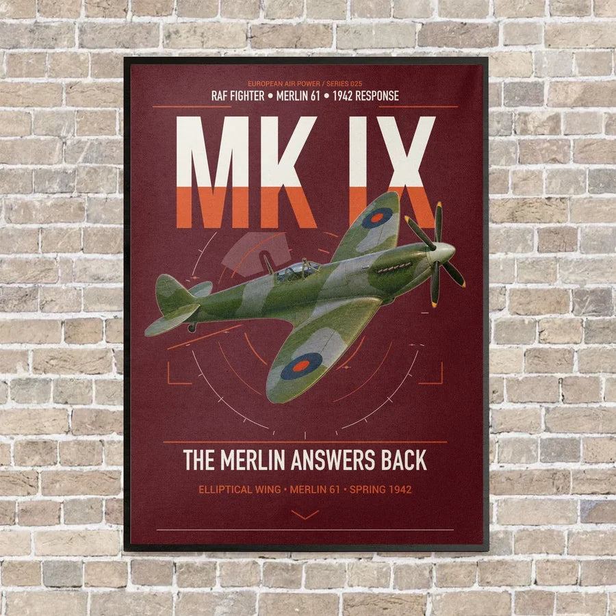 Supermarine Spitfire Mk IX vertical canvas print - framed - dark red background