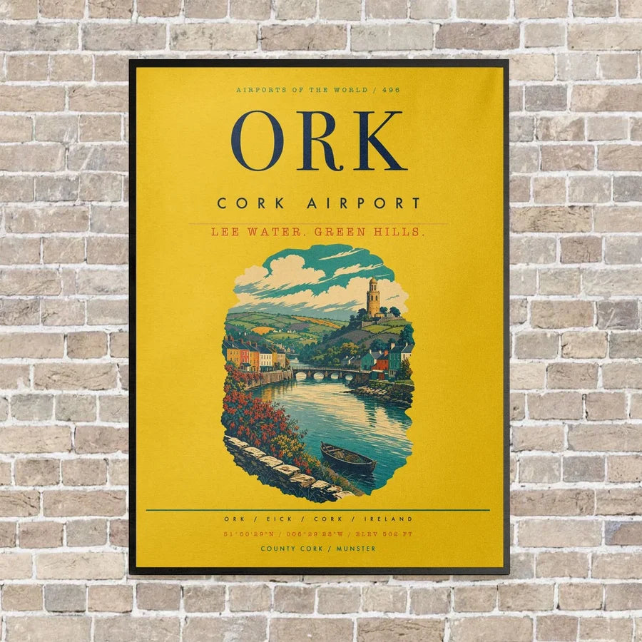 Cork Airport ORK vertical canvas print - framed - yellow background