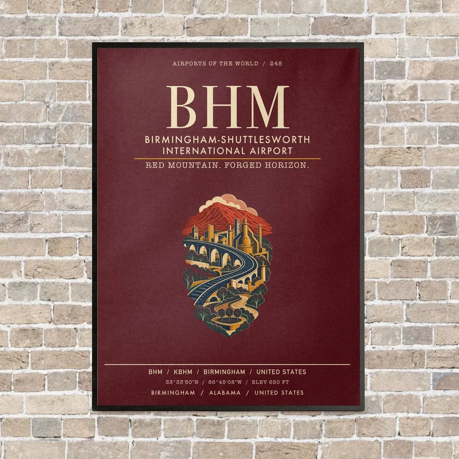 Birmingham-Shuttlesworth International Airport BHM vertical canvas print - framed - dark red background