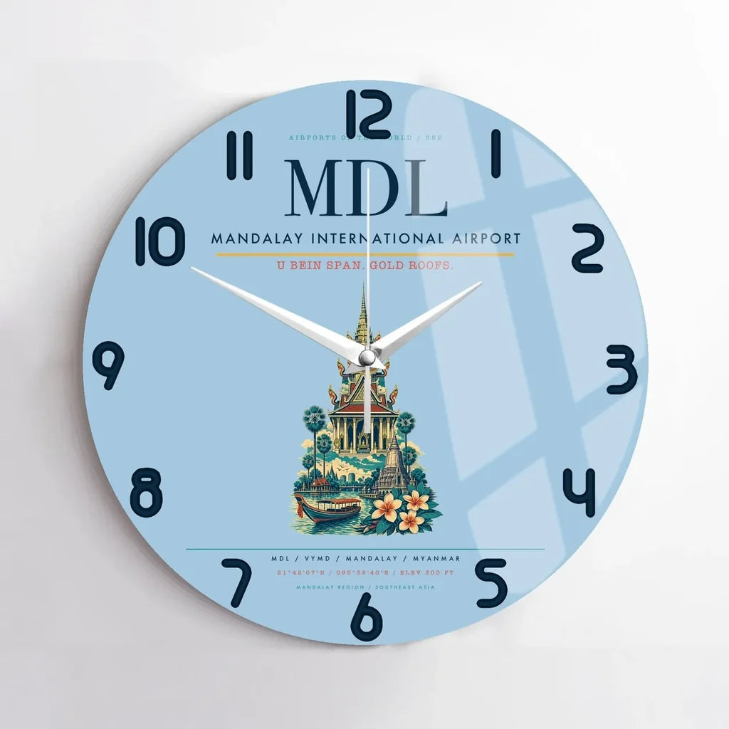 Mandalay International Airport (MDL) design on light blue no frame wall clock