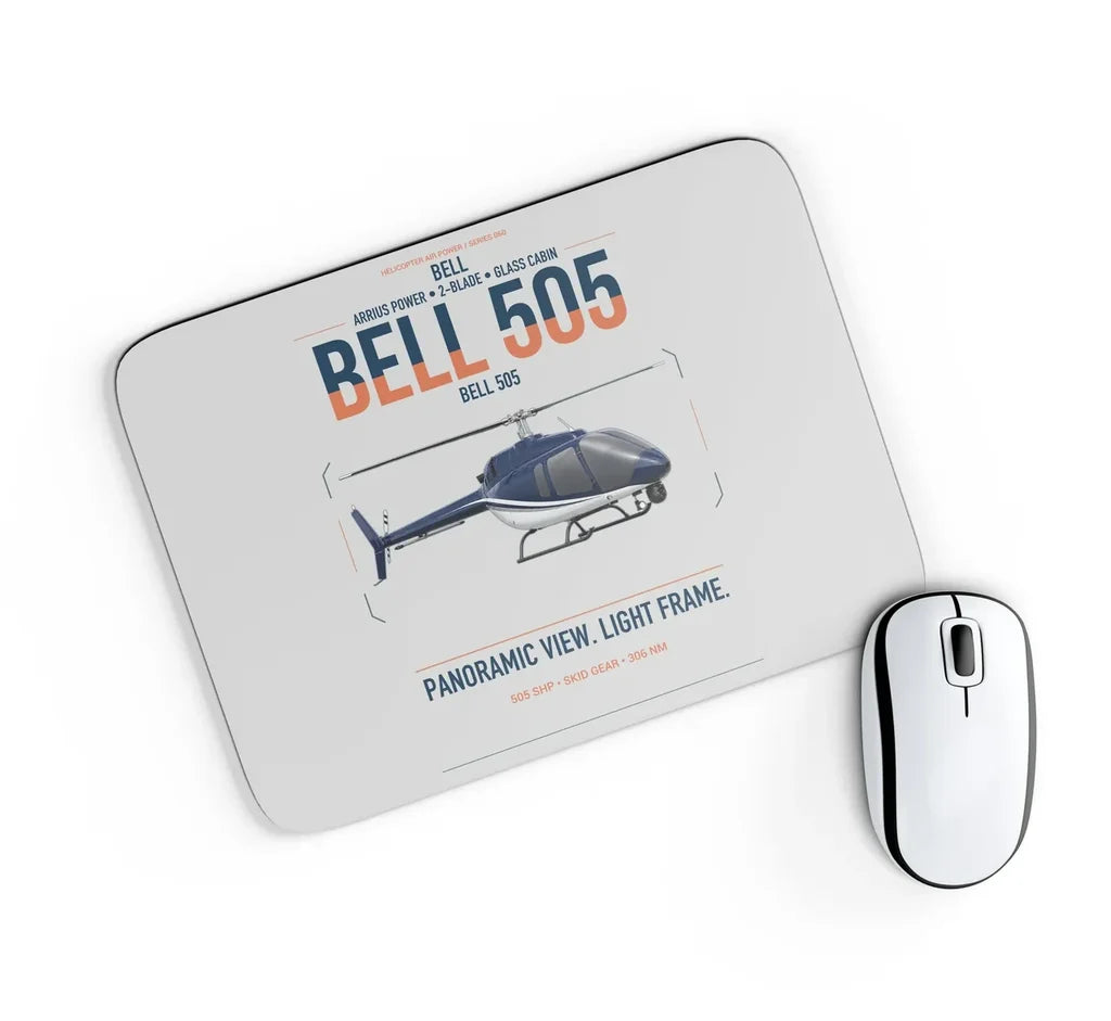 Bell 505 design on light gray rectangle mouse pad