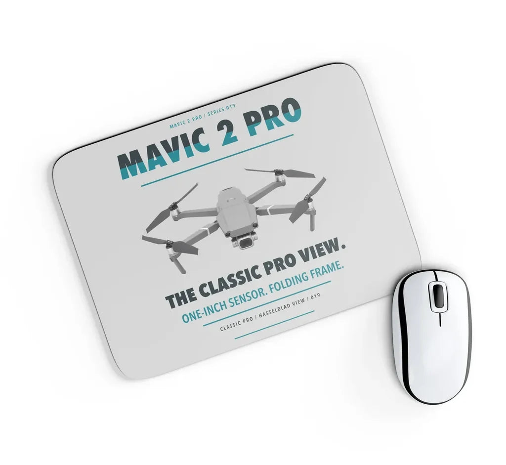 DJI Mavic 2 Pro design on light gray rectangle mouse pad