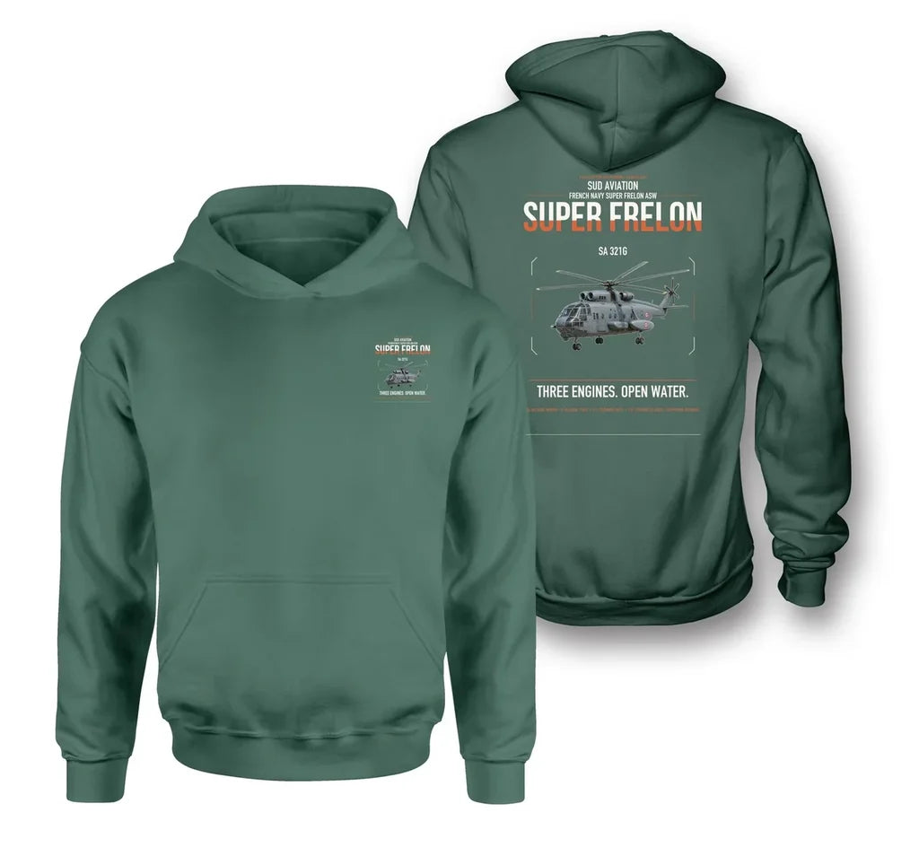 Sud Aviation SA 321G Super Frelon design on green double-side hoodie, double-side print